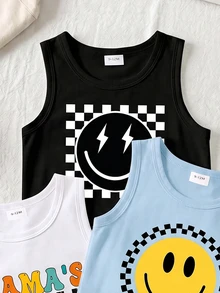 3-Piece Baby Boy Street Style Casual Cowboy Fun Classic Smiling Face Print Vest Top Summer Holiday Vacation Black And White Light Blue White - Multicolor - View 6