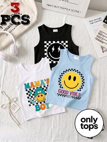 3-Piece Baby Boy Street Style Casual Cowboy Fun Classic Smiling Face Print Vest Top Summer Holiday Vacation Black And White Light Blue White - Multicolor - View 3