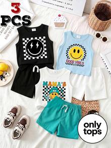 3-Piece Baby Boy Street Style Casual Cowboy Fun Classic Smiling Face Print Vest Top Summer Holiday Vacation Black And White Light Blue White - Multicolor - View 1