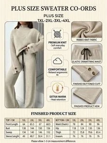SHEIN Plus Size Women Mock Neck Knitted Pullover Hunky Solid Color Casual Knit Tunic Sweater And High Waist Drawstring Detailed 2 Pieces Set - Mocha Brown - View 3