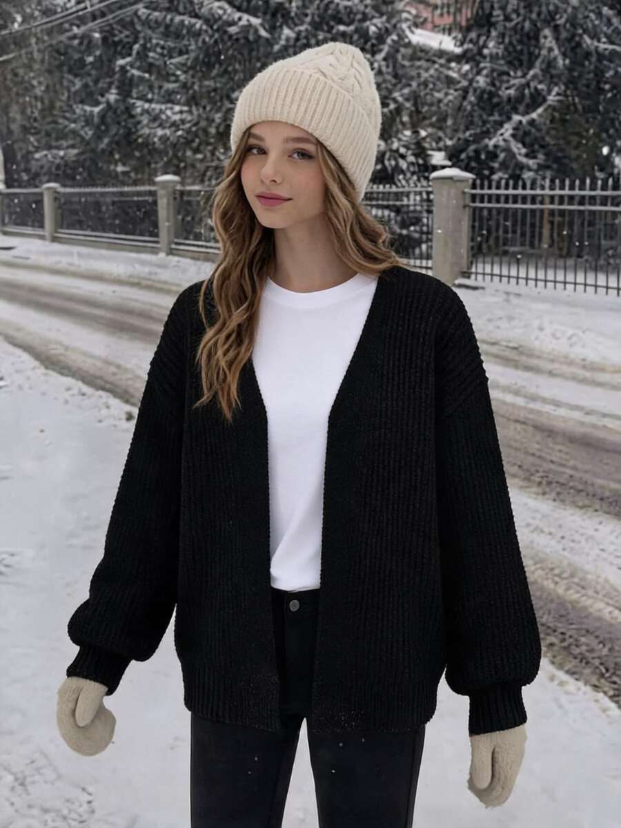 SHEIN Tween Girl Casual Versatile Daily Wear Cardigan - Black - View 1