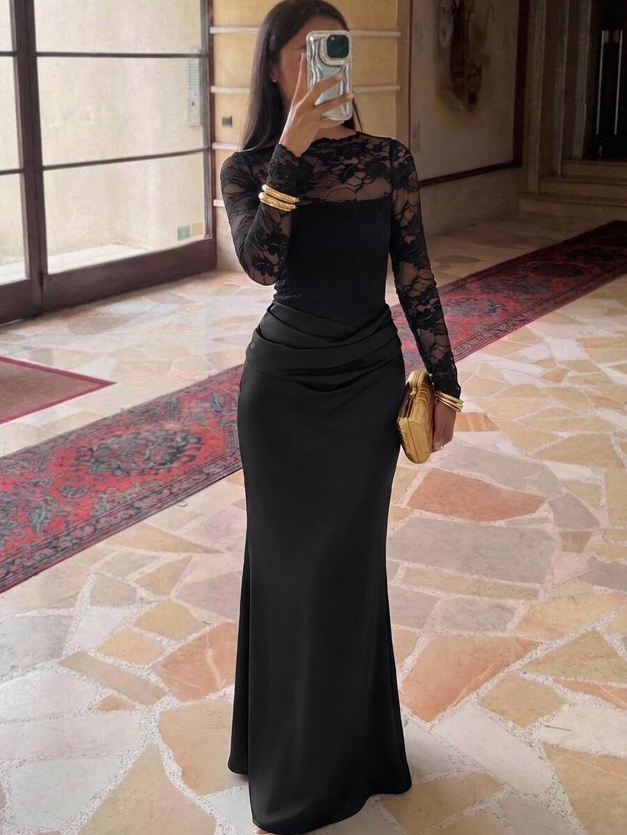 Aloruh Women's Contrast Lace Round Neck Long Sleeve Ruched Slim Fit Elegant Dress - Black - View 1