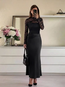 Aloruh Women's Contrast Lace Round Neck Long Sleeve Ruched Slim Fit Elegant Dress - Black - View 6