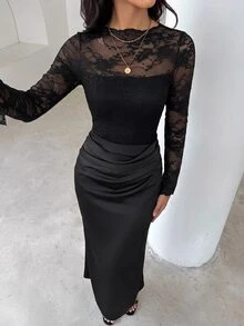 Aloruh Women's Contrast Lace Round Neck Long Sleeve Ruched Slim Fit Elegant Dress - Black - View 4