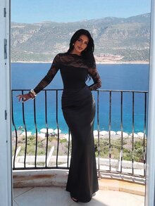 Aloruh Women's Contrast Lace Round Neck Long Sleeve Ruched Slim Fit Elegant Dress - Black - View 7