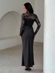 Aloruh Women's Contrast Lace Round Neck Long Sleeve Ruched Slim Fit Elegant Dress - Black - View 2