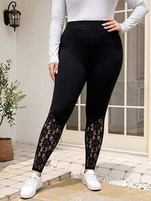 EMERY ROSE Plus Size Women's Spring Contrast Black Lace Leggings,Summer Fall - Black - View 7