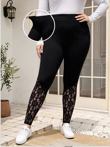 EMERY ROSE Plus Size Women's Spring Contrast Black Lace Leggings,Summer Fall - Black - View 2