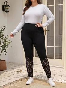 EMERY ROSE Plus Size Women's Spring Contrast Black Lace Leggings,Summer Fall - Black - View 5