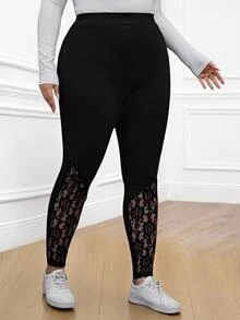 EMERY ROSE Plus Size Women's Spring Contrast Black Lace Leggings,Summer Fall - Black - View 8