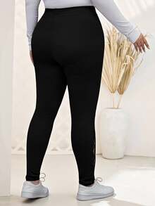 EMERY ROSE Plus Size Women's Spring Contrast Black Lace Leggings,Summer Fall - Black - View 6