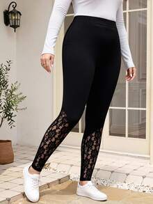 EMERY ROSE Plus Size Women's Spring Contrast Black Lace Leggings,Summer Fall - Black - View 4