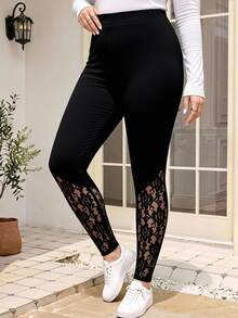 EMERY ROSE Plus Size Women's Spring Contrast Black Lace Leggings,Summer Fall - Black - View 3