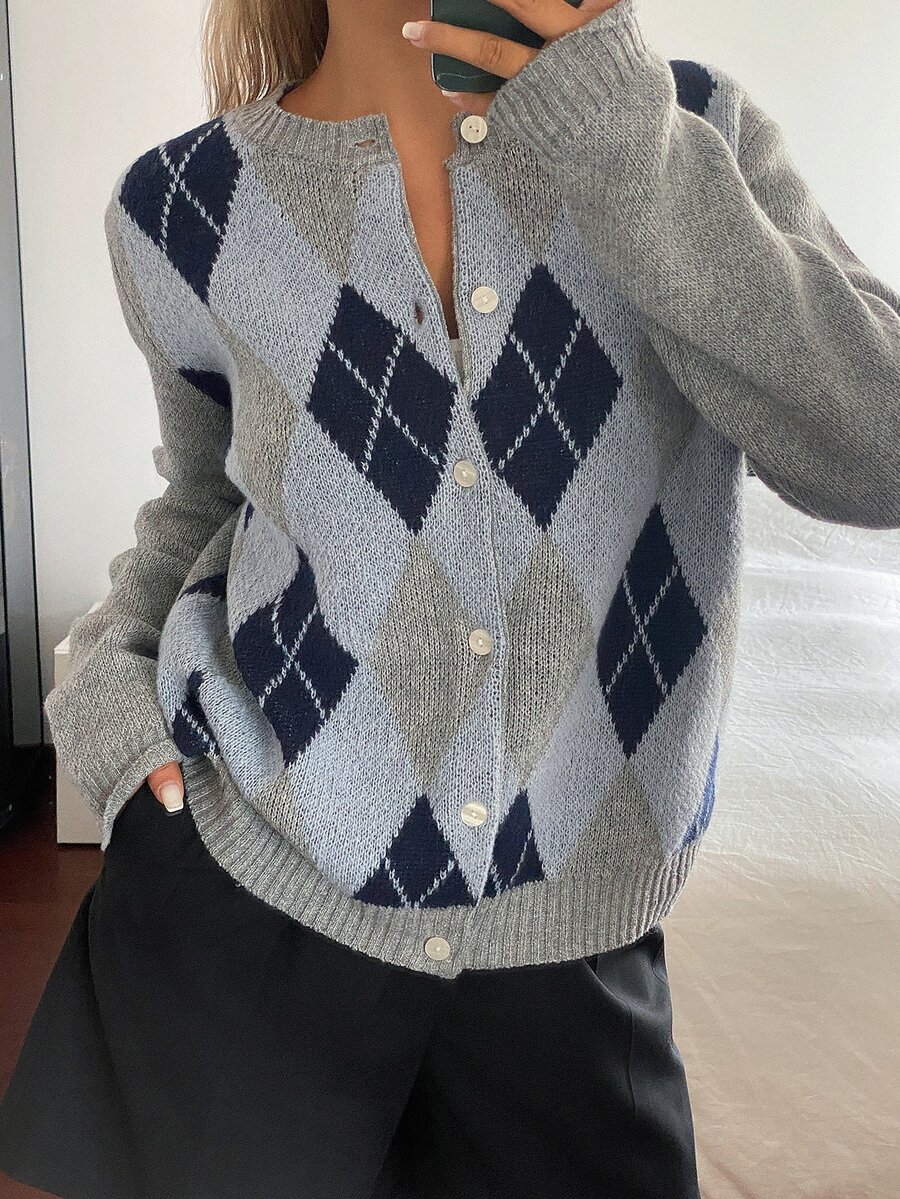 Livesso Women's Fall/ Casual Preppy Colorblock Argyle Cardigan Long ...