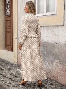 Brillora Women Boho Print Sleeve Peplum Maxi Dress Bow Front Elegant Two Pieces Set,Chinese-Inspired Frog Knot Closure,Country Style - Khaki - View 2