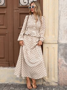 Brillora Women Boho Print Sleeve Peplum Maxi Dress Bow Front Elegant Two Pieces Set,Chinese-Inspired Frog Knot Closure,Country Style - Khaki - View 7