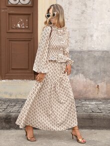 Brillora Women Boho Print Sleeve Peplum Maxi Dress Bow Front Elegant Two Pieces Set,Chinese-Inspired Frog Knot Closure,Country Style - Khaki - View 6