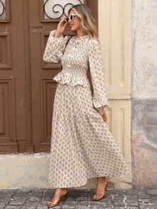 Brillora Women Boho Print Sleeve Peplum Maxi Dress Bow Front Elegant Two Pieces Set,Chinese-Inspired Frog Knot Closure,Country Style - Khaki - View 8