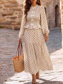 Brillora Women Boho Print Sleeve Peplum Maxi Dress Bow Front Elegant Two Pieces Set,Chinese-Inspired Frog Knot Closure,Country Style - Khaki - View 9