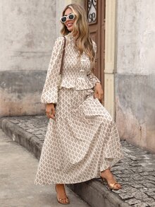 Brillora Women Boho Print Sleeve Peplum Maxi Dress Bow Front Elegant Two Pieces Set,Chinese-Inspired Frog Knot Closure,Country Style - Khaki - View 4