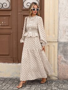 Brillora Women Boho Print Sleeve Peplum Maxi Dress Bow Front Elegant Two Pieces Set,Chinese-Inspired Frog Knot Closure,Country Style - Khaki - View 1
