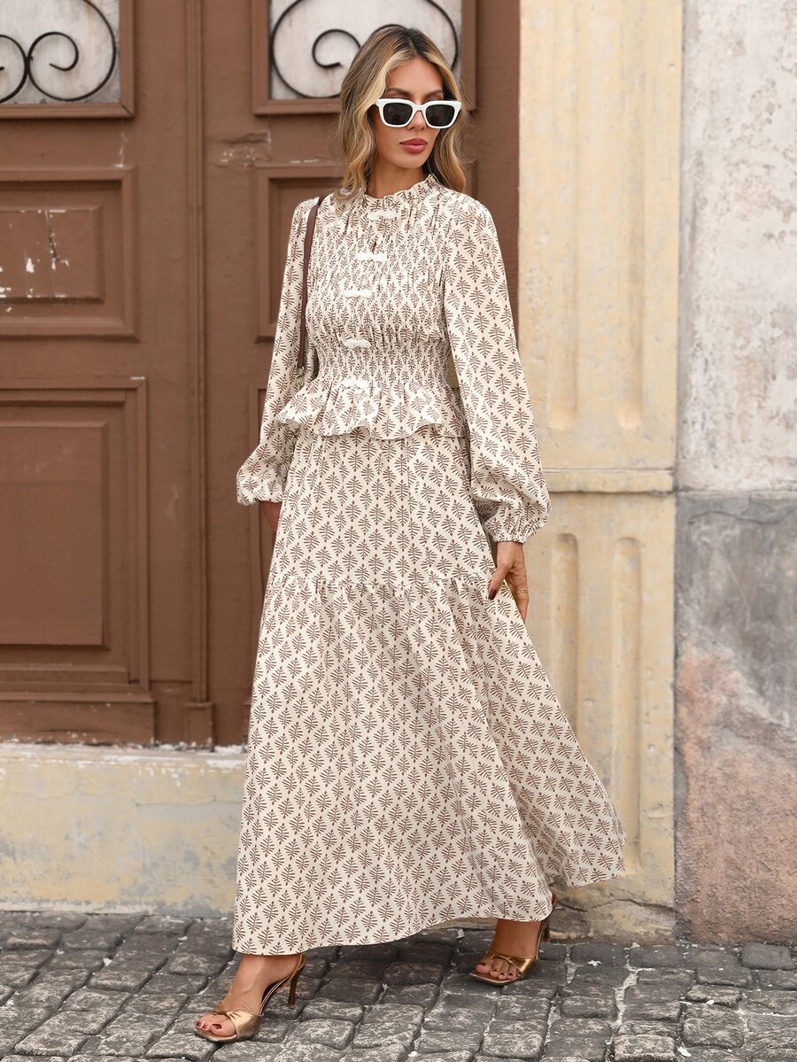 Brillora Women Boho Print Sleeve Peplum Maxi Dress Bow Front Elegant Two Pieces Set,Chinese-Inspired Frog Knot Closure,Country Style - Khaki - View 1