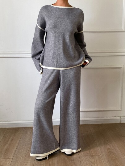 Livesso Women's Colorblock Drop Shoulder Long Sleeve Sweater And Knit Pants Casual Set