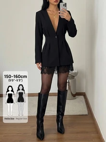 SHEIN PETITE Women's Black Deep V-Neck Lace-Panel Long-Sleeve Single-Button Fashion Blazer - Black - View 5