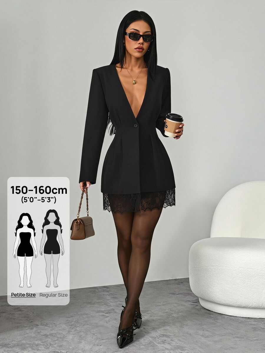 SHEIN PETITE Women's Black Deep V-Neck Lace-Panel Long-Sleeve Single-Button Fashion Blazer - Black - View 1