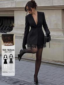 SHEIN PETITE Women's Black Deep V-Neck Lace-Panel Long-Sleeve Single-Button Fashion Blazer - Black - View 13