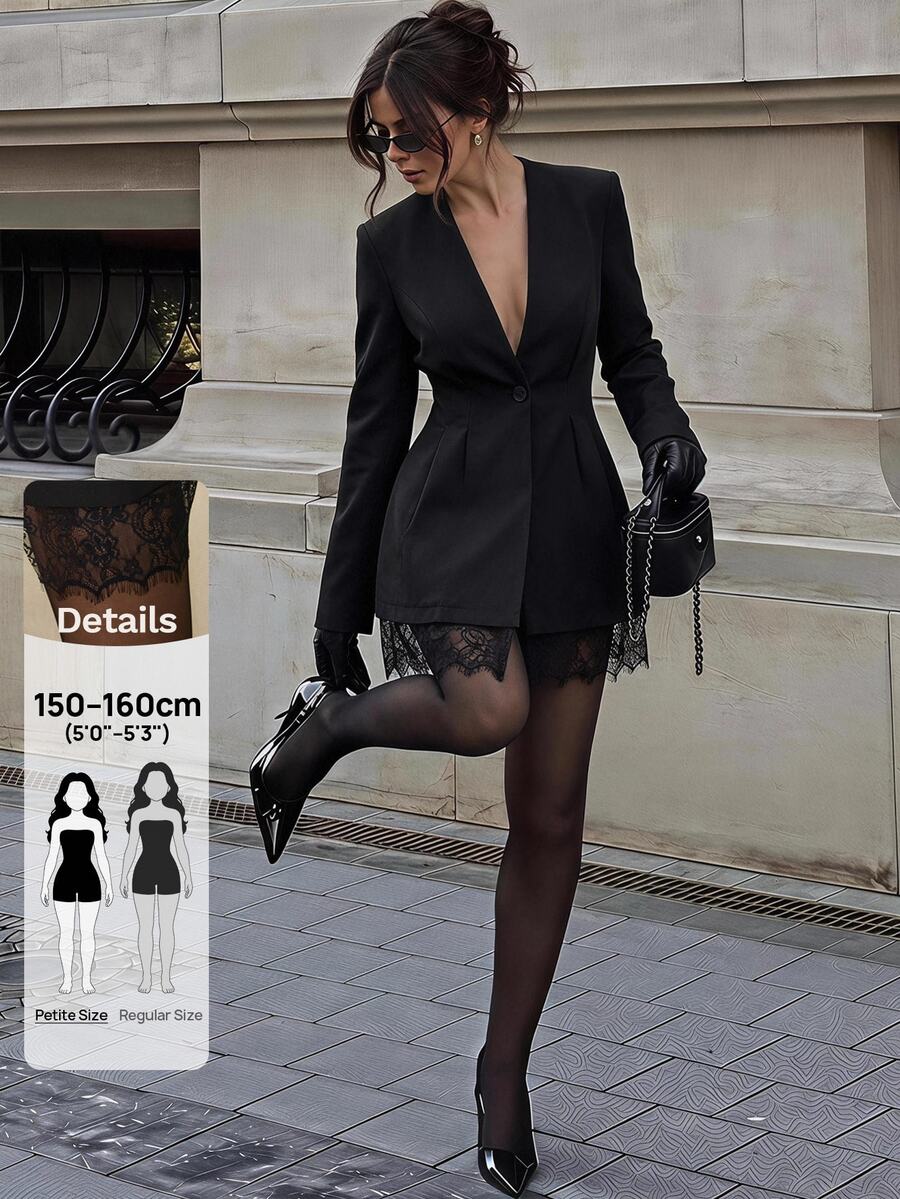 SHEIN PETITE 女款黑色深V領蕾絲拼接長袖單扣時尚西裝外套 - 黑色 - 查看 1