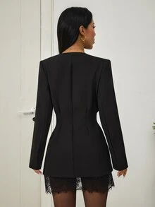 SHEIN PETITE Women's Black Deep V-Neck Lace-Panel Long-Sleeve Single-Button Fashion Blazer - Black - View 2