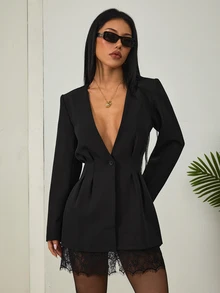SHEIN PETITE Women's Black Deep V-Neck Lace-Panel Long-Sleeve Single-Button Fashion Blazer - Black - View 10
