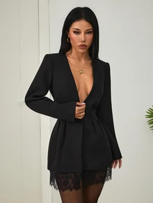 SHEIN PETITE Women's Black Deep V-Neck Lace-Panel Long-Sleeve Single-Button Fashion Blazer - Black - View 4