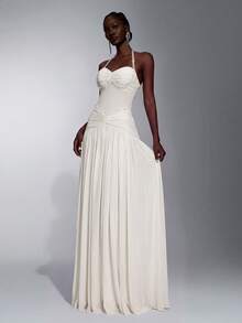 Elitara Elegant Romantic Fashionable Graceful Elastic Mesh Fabric Beaded Chain Decor Bustier Oversized Skirt Elegant Party Dress Wedding Guest Dress Bachelorette Party Dress Formal Evening Gown - Apricot - View 4