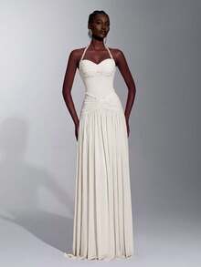 Elitara Elegant Romantic Fashionable Graceful Elastic Mesh Fabric Beaded Chain Decor Bustier Oversized Skirt Elegant Party Dress Wedding Guest Dress Bachelorette Party Dress Formal Evening Gown - Apricot - View 1