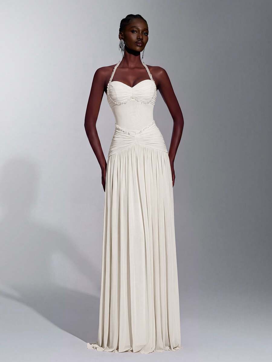 Elitara Elegant Romantic Fashionable Graceful Elastic Mesh Fabric Beaded Chain Decor Bustier Oversized Skirt Elegant Party Dress Wedding Guest Dress Bachelorette Party Dress Formal Evening Gown - Apricot - View 1