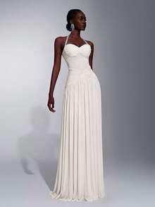 Elitara Elegant Romantic Fashionable Graceful Elastic Mesh Fabric Beaded Chain Decor Bustier Oversized Skirt Elegant Party Dress Wedding Guest Dress Bachelorette Party Dress Formal Evening Gown - Apricot - View 5