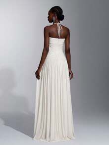 Elitara Elegant Romantic Fashionable Graceful Elastic Mesh Fabric Beaded Chain Decor Bustier Oversized Skirt Elegant Party Dress Wedding Guest Dress Bachelorette Party Dress Formal Evening Gown - Apricot - View 2