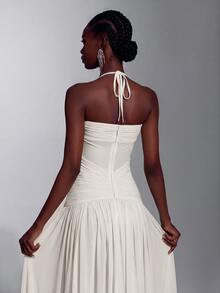 Elitara Elegant Romantic Fashionable Graceful Elastic Mesh Fabric Beaded Chain Decor Bustier Oversized Skirt Elegant Party Dress Wedding Guest Dress Bachelorette Party Dress Formal Evening Gown - Apricot - View 6