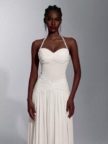 Elitara Elegant Romantic Fashionable Graceful Elastic Mesh Fabric Beaded Chain Decor Bustier Oversized Skirt Elegant Party Dress Wedding Guest Dress Bachelorette Party Dress Formal Evening Gown - Apricot - View 3