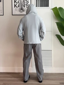 Harrin Don Harrin Don 男士寬鬆版型長袖字母拼接半開襟連帽夾克，秋季度假風，父親節禮物，美式足球風格 - 灰色 - 查看 2