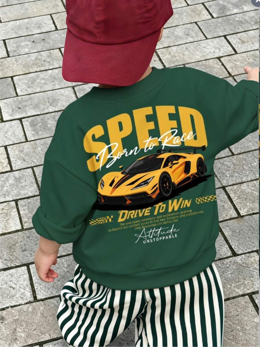 嬰兒與幼兒休閒復古藍色調,寬鬆落肩長袖衛衣與運動褲套裝,街頭復古風,舒適易穿,抓絨內裡,兒童秋季疊穿,Y2K,運動服套裝,適合外出、街拍、校園 - 彩色 - 查看 1