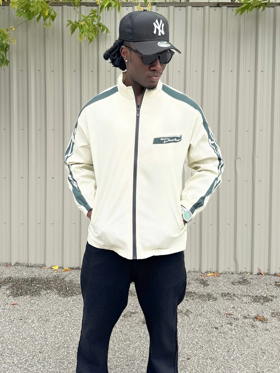 Harrin Don Harrin Don Men's Casual Letter Print Rave Long Sleeve Jacket, Spring And Autumn Color Block Lightweight For Friends, Husband, Boyfriend Gifts, Fall - White - View 1