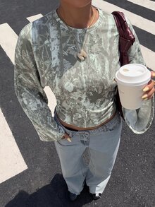 Muchica 秋季新款迷彩枯枝印花蝙蝠袖修身長袖T恤，優雅春夏秋冬休閒時尚基礎上衣，適合外出與派對，女款迷彩長袖T恤 - 彩色 - 查看 3