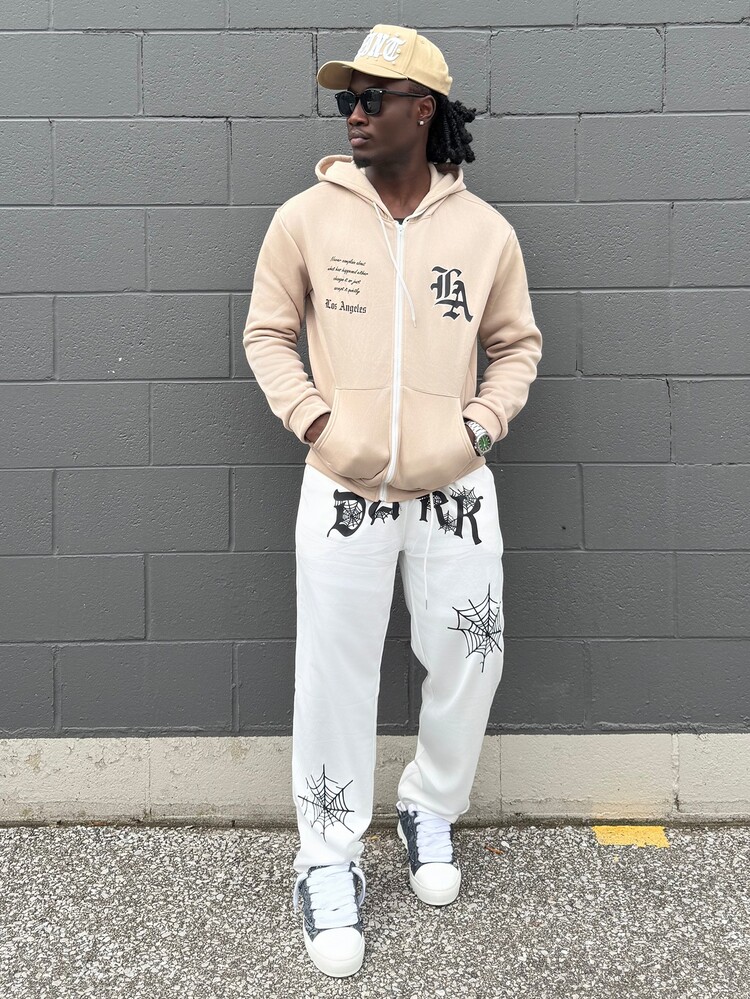 Harrin Don Harrin Don Men's Loose Fit Letter Printed Zipper Hoodie With Pocket, For Fall, Long Sleeve Top - Khaki - View 3