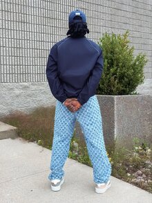 Harrin Don Harrin Don 男士美式格纹阔腿牛仔裤，带流苏抽绳 - 藍色 - 查看 2