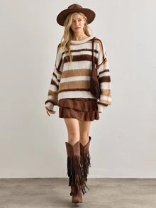 Cloudara Hairy Ombre Stripe Casual Knit Sweater - Brown - View 7
