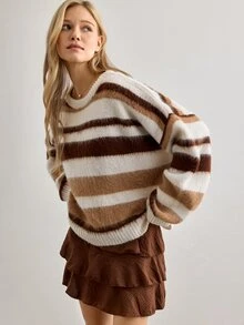 Cloudara Hairy Ombre Stripe Casual Knit Sweater - Brown - View 8