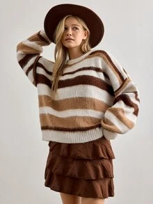 Cloudara Hairy Ombre Stripe Casual Knit Sweater - Brown - View 6